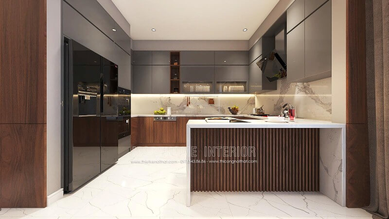 Thiết kế nội thất phòng bếp đẹp từ gỗ An Cường cao cấp kết hợp cùng đá ốp bếp sang trọng. Thiết kế nội thất phòng bếp
