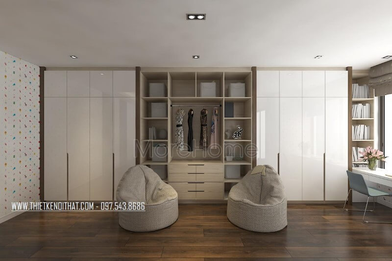 Mẫu tủ quần áo gỗ công nghiệp màu trắng được thiết kế âm tường kết hợp kệ trang trí hiện đại cho nhà phố Gardenia