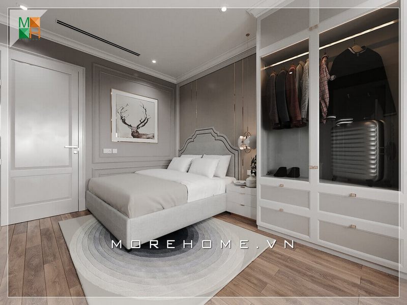 Chiếc giường khung gỗ bọc da đẹp, cao cấp tân cổ điển có lẽ là điểm nổi bật nhất của căn phòng ngủ chung cư vẻ lôi cuốn thu hút mọi ánh nhìn.